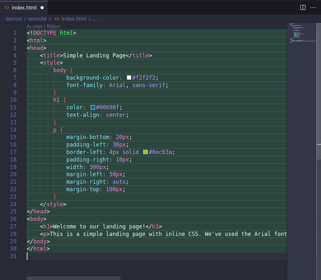 Код, созданный в Continue, появится в VS Code в зеленых блоках, которые вы можете одобрить или отклонить. Код, созданный в Continue, появится в VS Code в зеленых блоках, которые вы можете одобрить или отклонить.